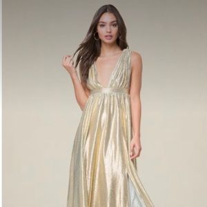 Bebe double v-neck metallic gown, gold, XS
